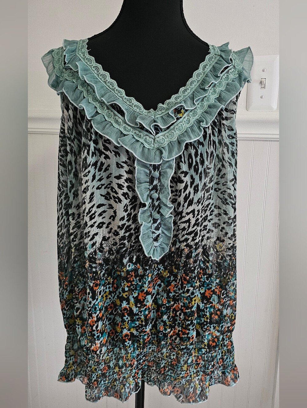 American Rag Light Blue Ruffle Leopard-Print Sleeveless Top 2X